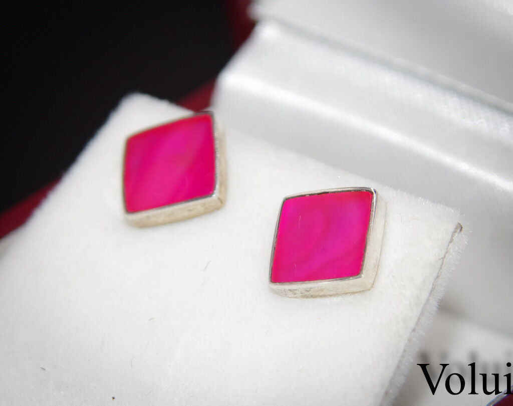 Pretty Silver Diamond Shaped Earrings With Pink Enameling Brand New Unworn 