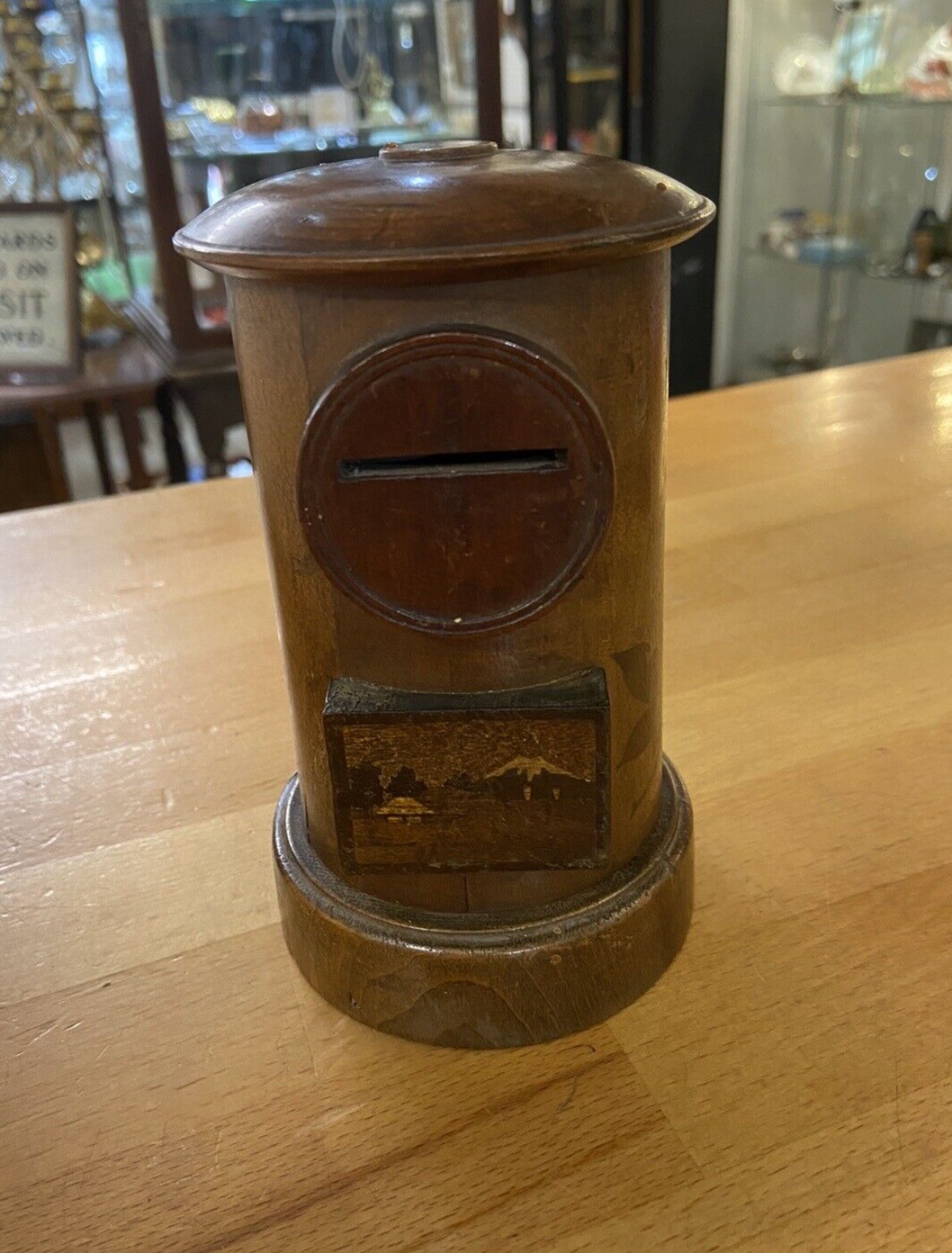 Antique Treen Letterbox Shaped Money Box Japanese Mount Fuji Collectable