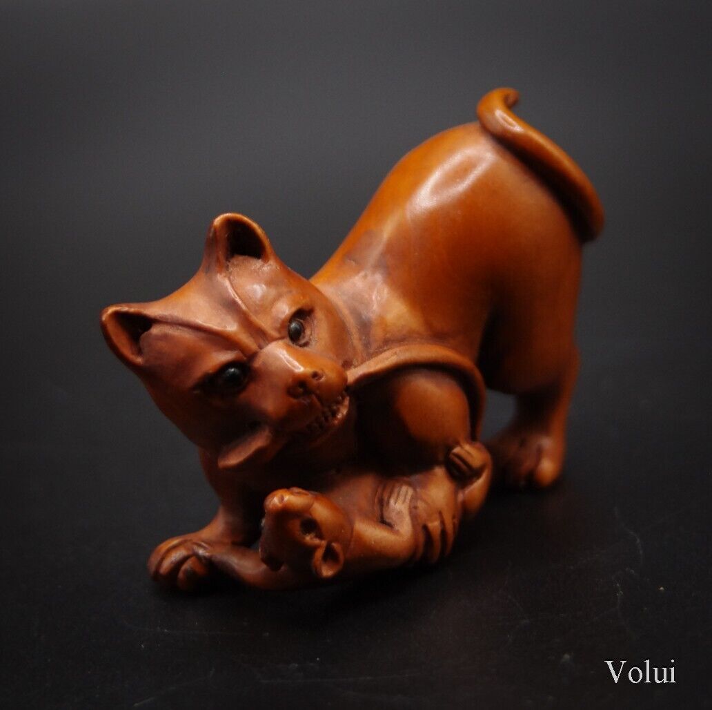 Japanese Netsuke Signed Cat and Mouse Boxwood