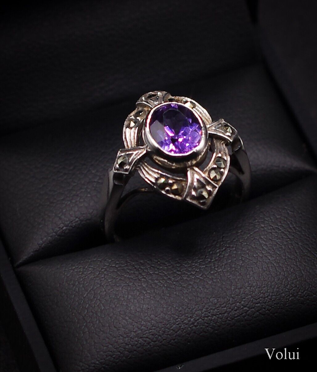 Attractive Silver Ring With Purple Stone In Celtic Style Size N Pre-Owned