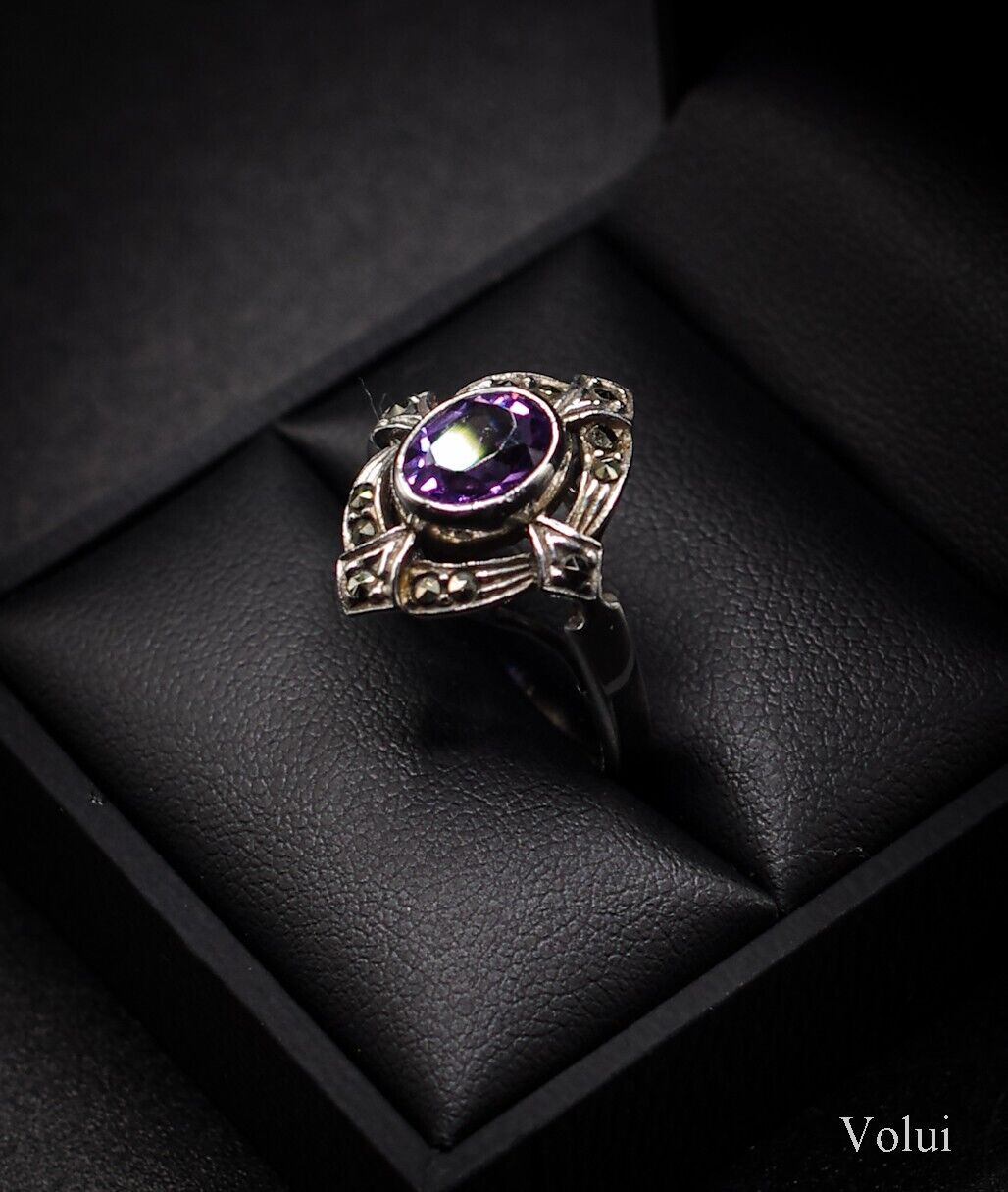 Attractive Silver Ring With Purple Stone In Celtic Style Size N Pre-Owned