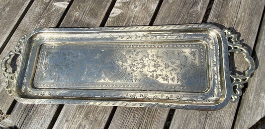 Large Heavyweight Brass Tray Rectangular With Leaf Pattern And Ornate Handles