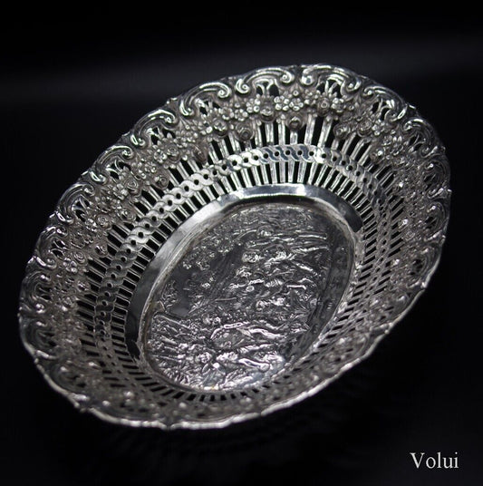 Antique German 800 Silver Pierced Dish with embossed Cherubs and Dogs