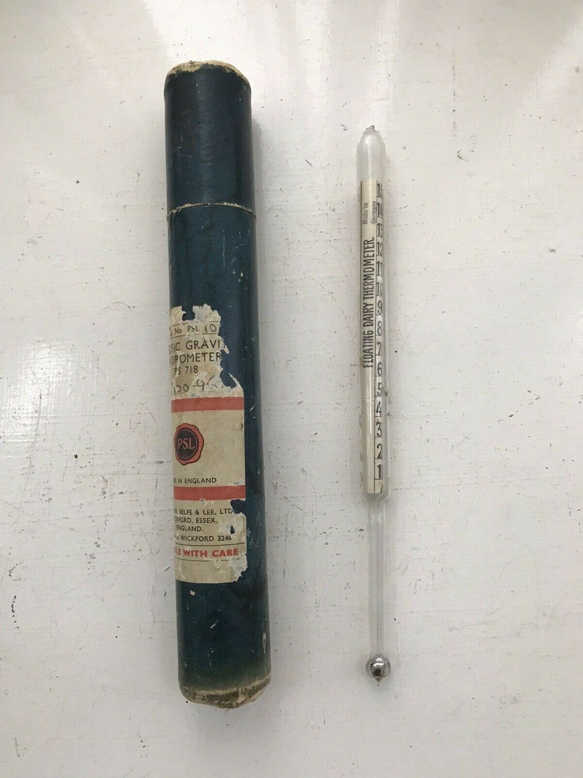 Vintage Boxed Dairy Thermometer Poulton Selfe & Lee Specific Gravity Hydrometer