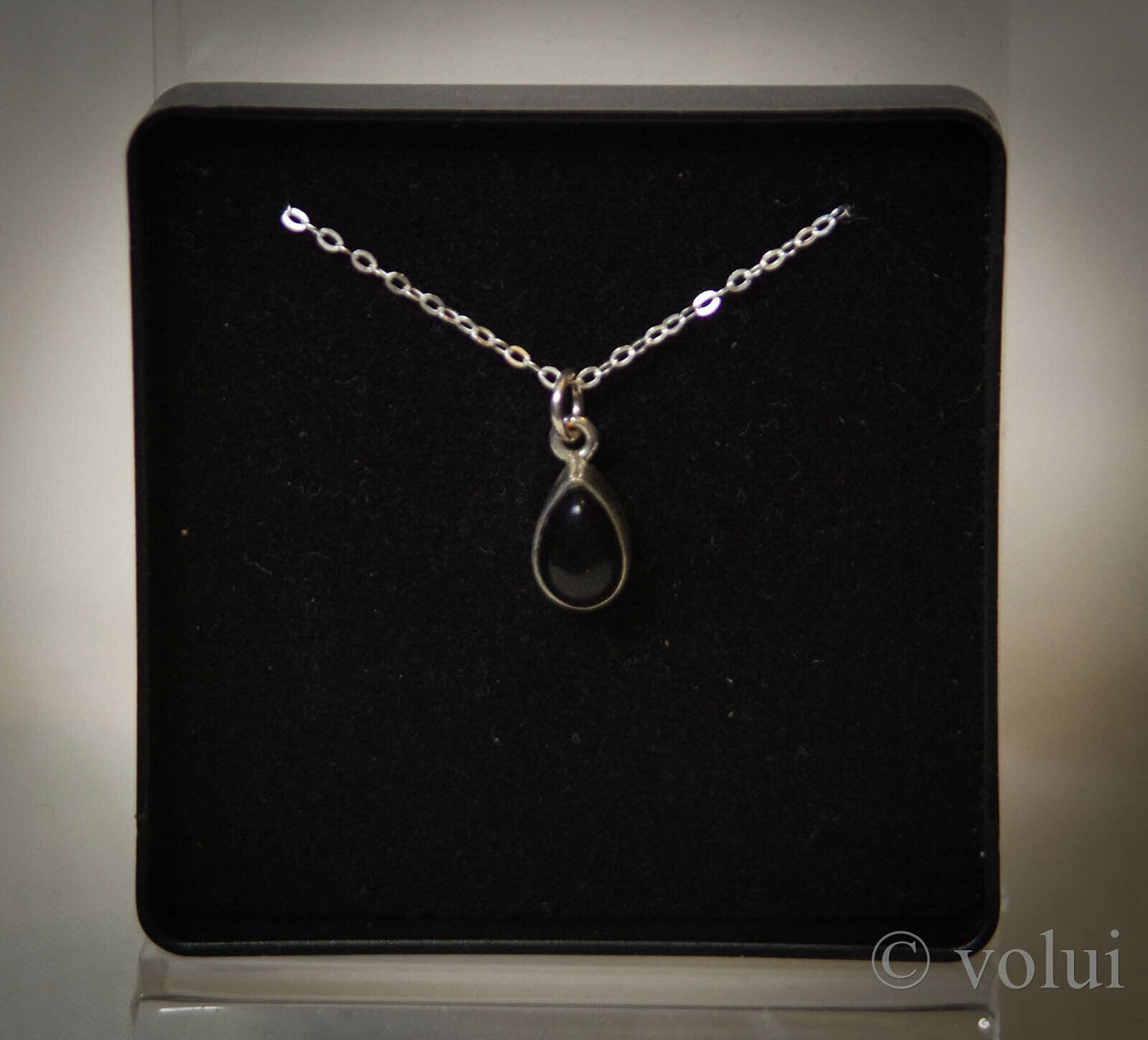 Silver Necklace With Teardrop Black Stone Pendant. Gift Idea. Boxed