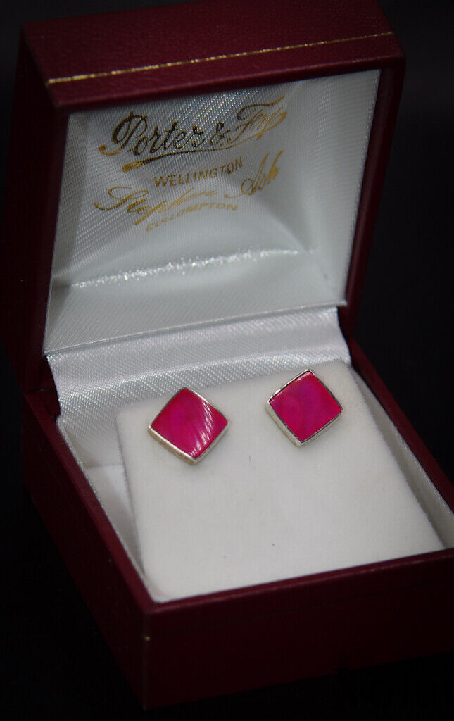 Pretty Silver Diamond Shaped Earrings With Pink Enameling Brand New Unworn 