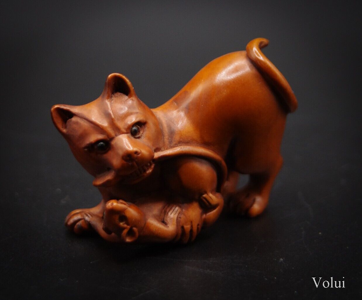 Japanese Netsuke Signed Cat and Mouse Boxwood