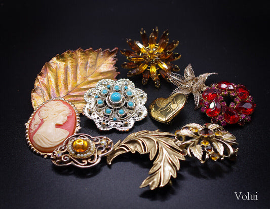 Collection of 10 Vintage Costume Jewellery Brooches Floral Leaf Feather 