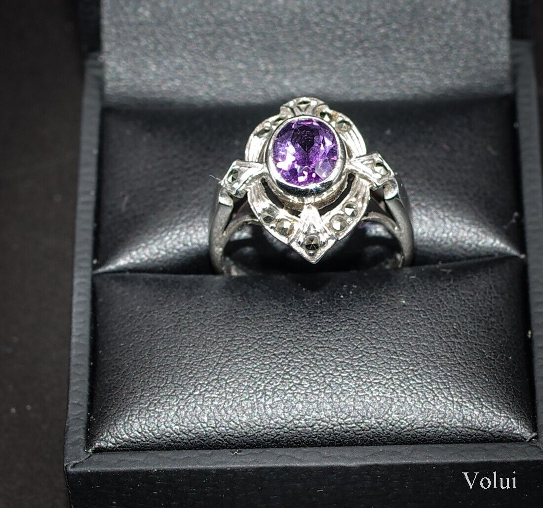 Attractive Silver Ring With Purple Stone In Celtic Style Size N Pre-Owned