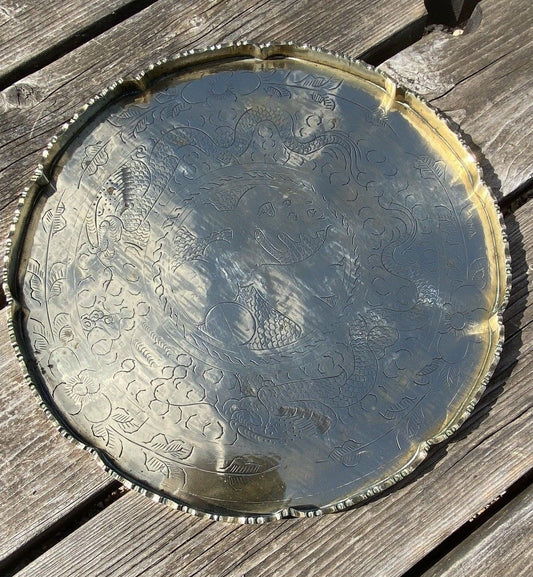 Antique Brass Plate Flat Bottomed Brass Dish Tray With Raised Edge 